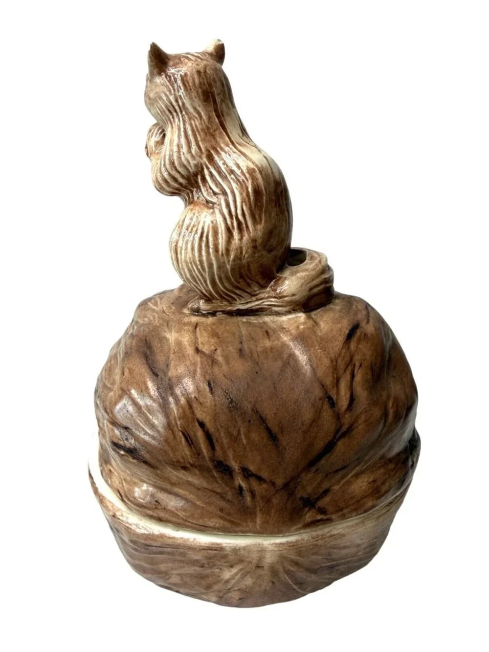 Vintage Ceramic Squirrel on Walnut Lidded Dish - Mid-Century Candy Bowl, Woodlan